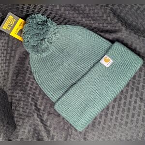 Greenstone Carhartt Knit Cuffed Beanie with Pom-Pom.